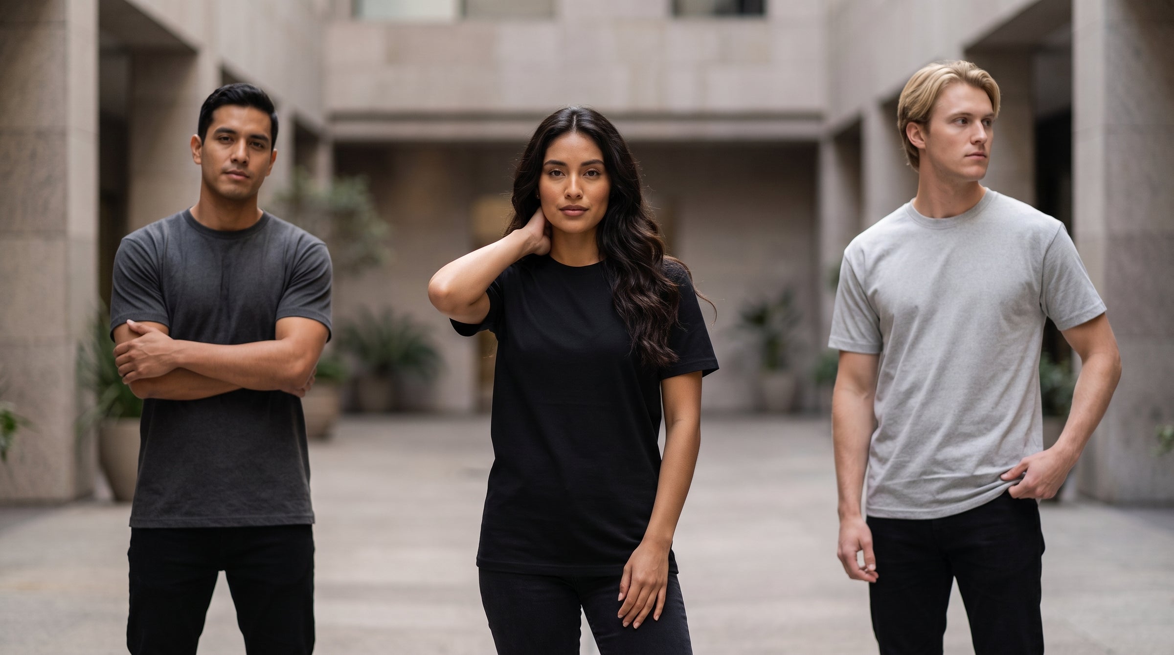 Three models standing in a modern concrete courtyard, wearing plain crewneck t-shirts in dark gray, black, and light gray.