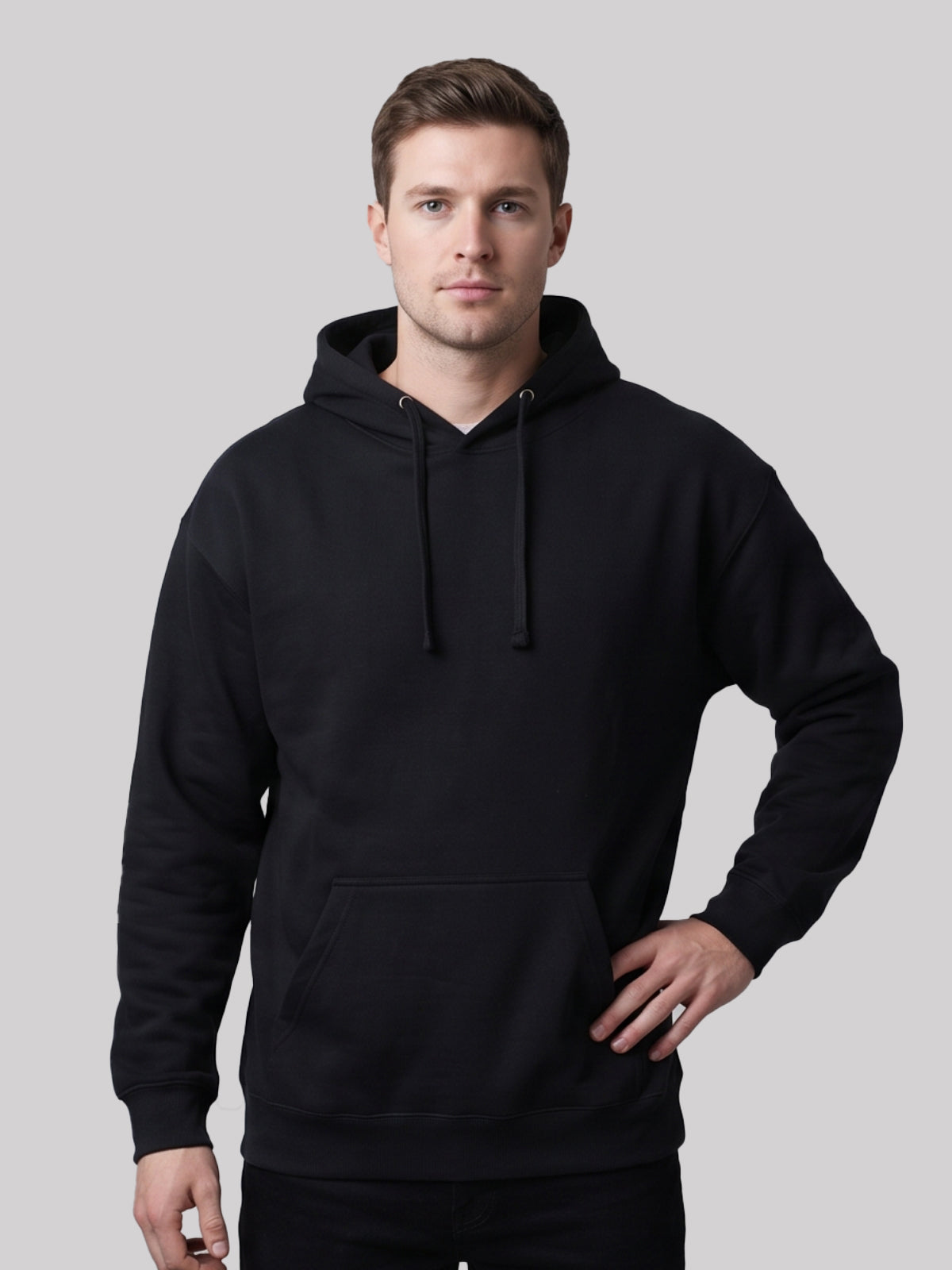 Black 8 oz unisex fleece pullover hoodie, blank and ready for screen printing