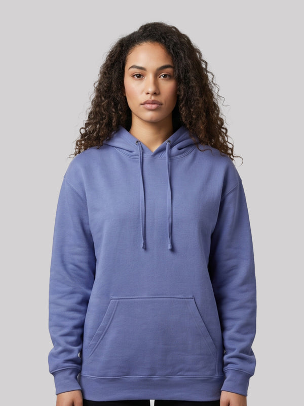 Violet fleece unisex pullover hoodie, front view on model